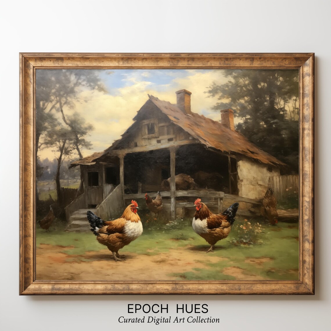 Two Roosters In A Farmyard Rustic Oil Style Country Art Poster