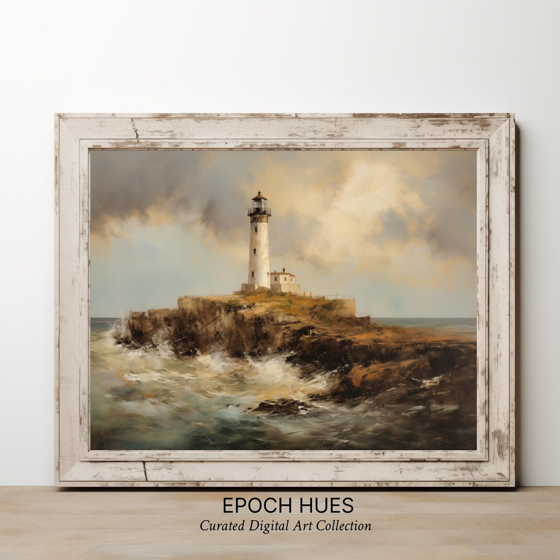 White Lighthouse on Rocky Cliff With Crashing Waves Art Poster - Image 2