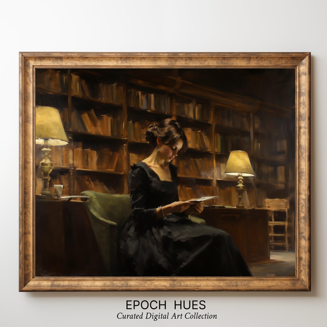 Classic Woman Reading A Letter In A Dark Library Vintage Oil Print