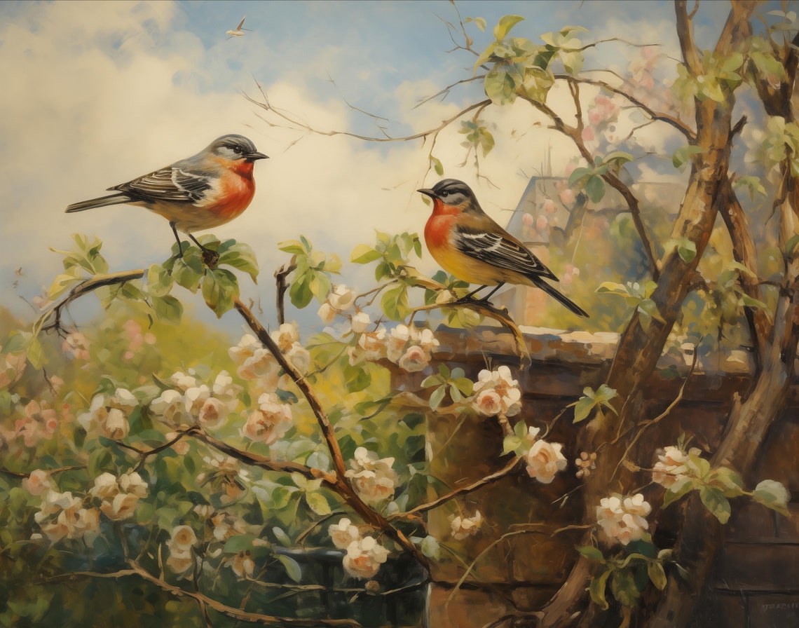 Two Songbirds Perched on Blossoming Branches Spring Art Poster - Image 2