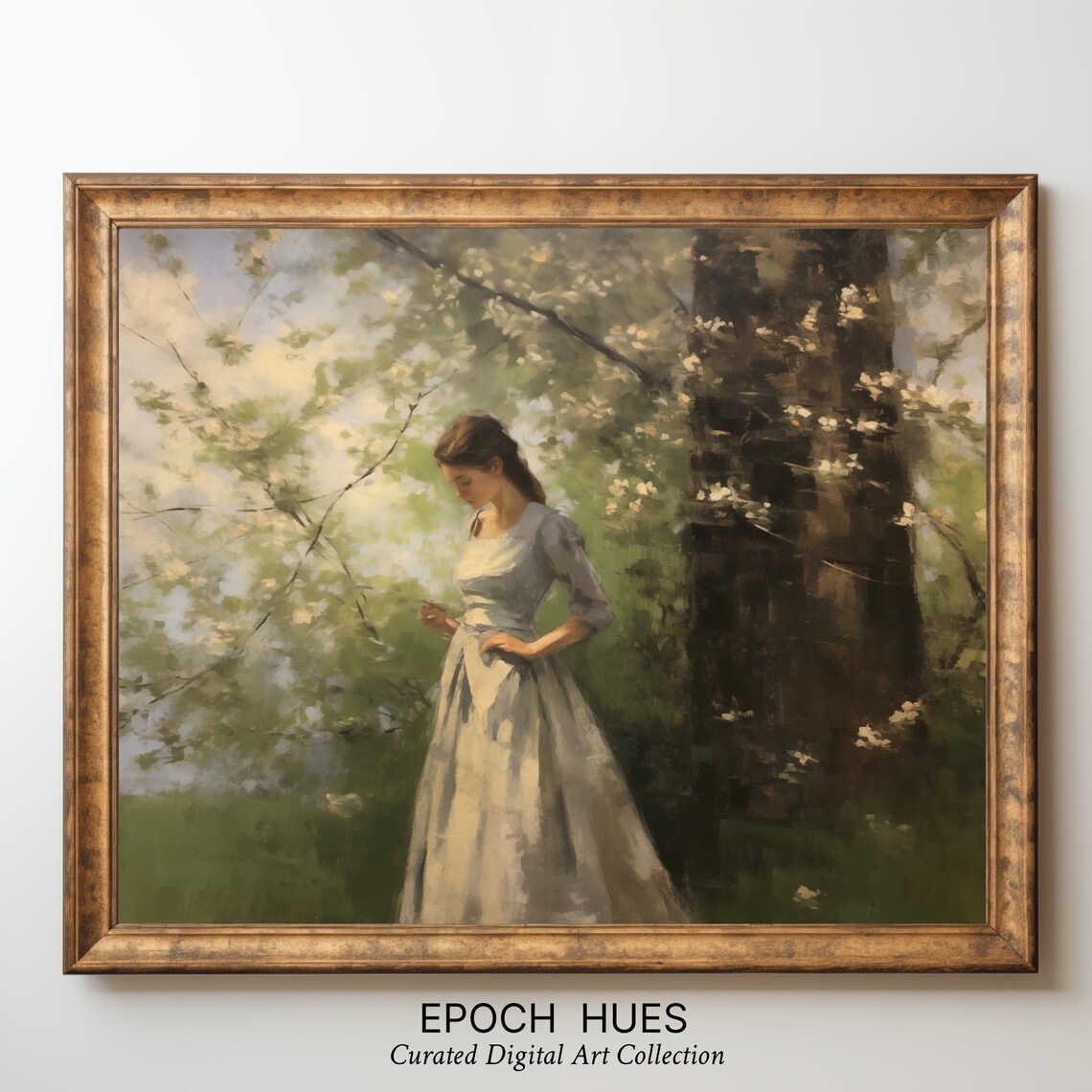 Elegant Woman Cream Gown Spring Woods Blossoms Painting Wall Art - Image 3