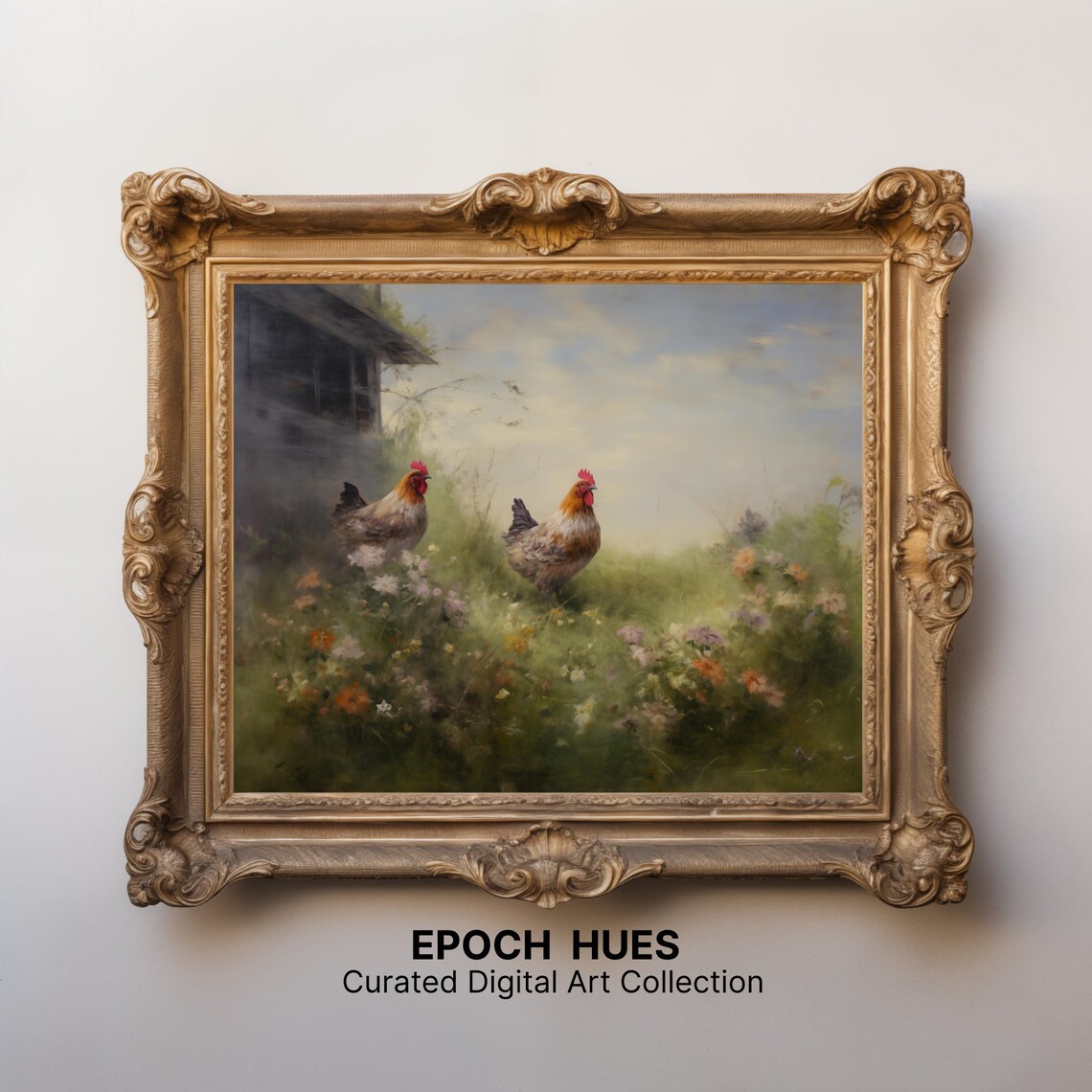 Two Chickens In A Wildflower Meadow Moody Vintage Farm Print - Image 3
