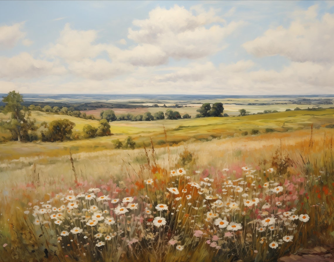 Rustic Landscape Painting Countryside Fields Instant Wall Art Nature Decor Vibrant Meadow Scenery - Image 2