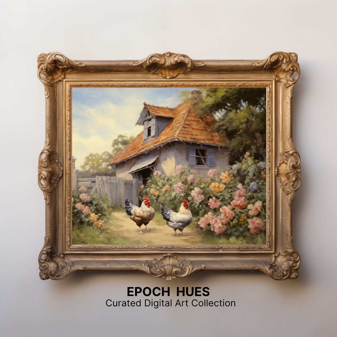 Two Roosters by Stone Cottage Flower Garden Farmhouse Poster - Image 3