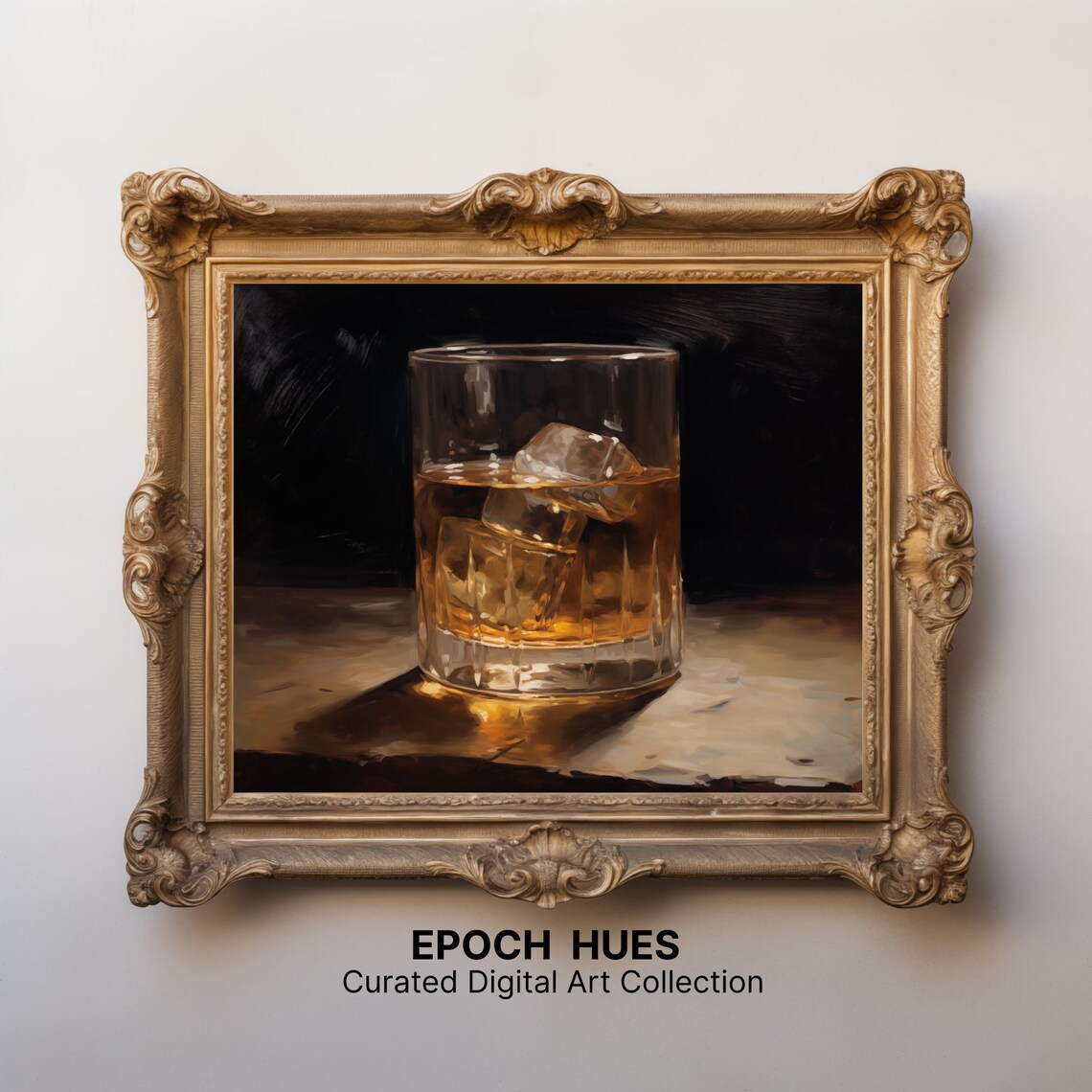 Whiskey Glass With Ice on Bar Top Moody Dark Still Life Poster