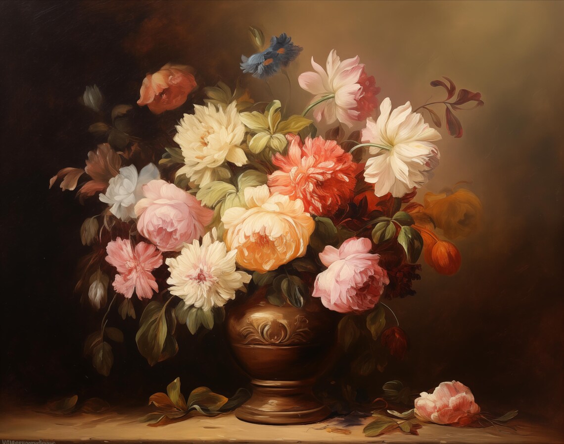 Peonies and Roses in Bronze Vase Dark Floral Still Life Poster - Image 2
