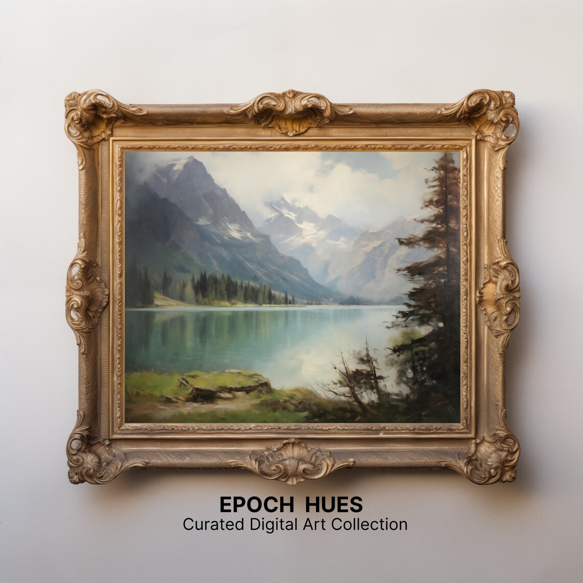 Majestic Mountain Lake Artwork Landscape Painting Rustic Home Decor Wall Art - Image 3