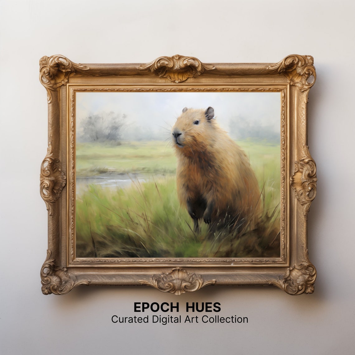 Capybara Standing in Marsh Grass Soft Pastel Wildlife Poster - Image 2