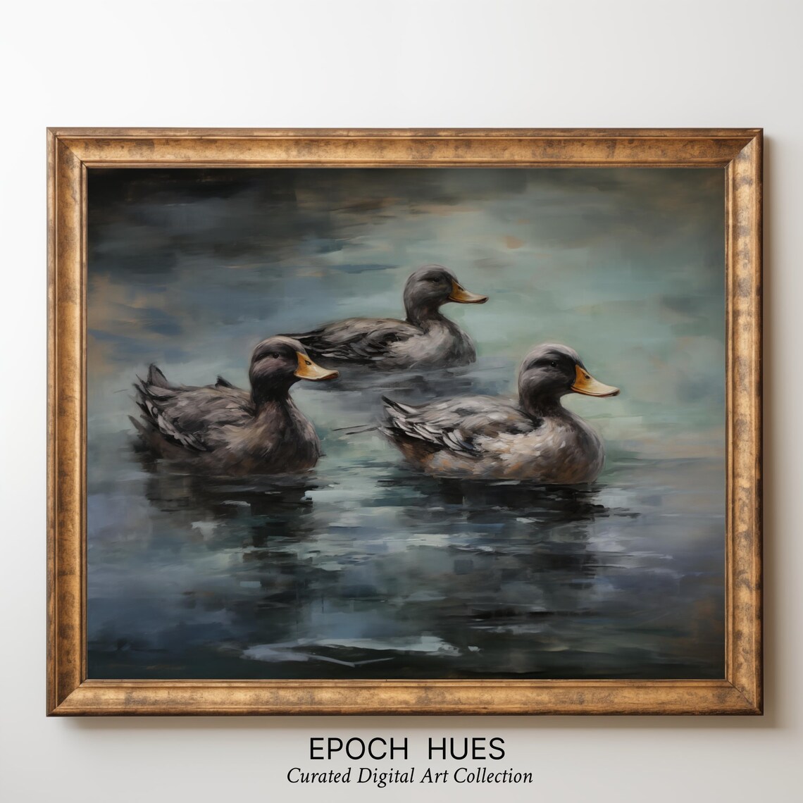 Three Ducks Swimming on Dark Water Moody Wildlife Painting Poster