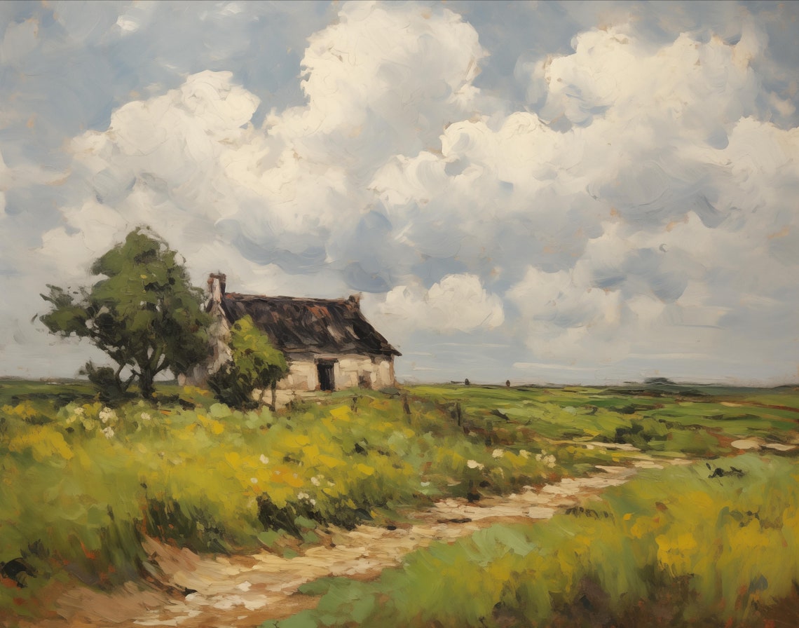 Rustic Cottage in Green Field Under Dramatic Cloud Sky Poster - Image 2