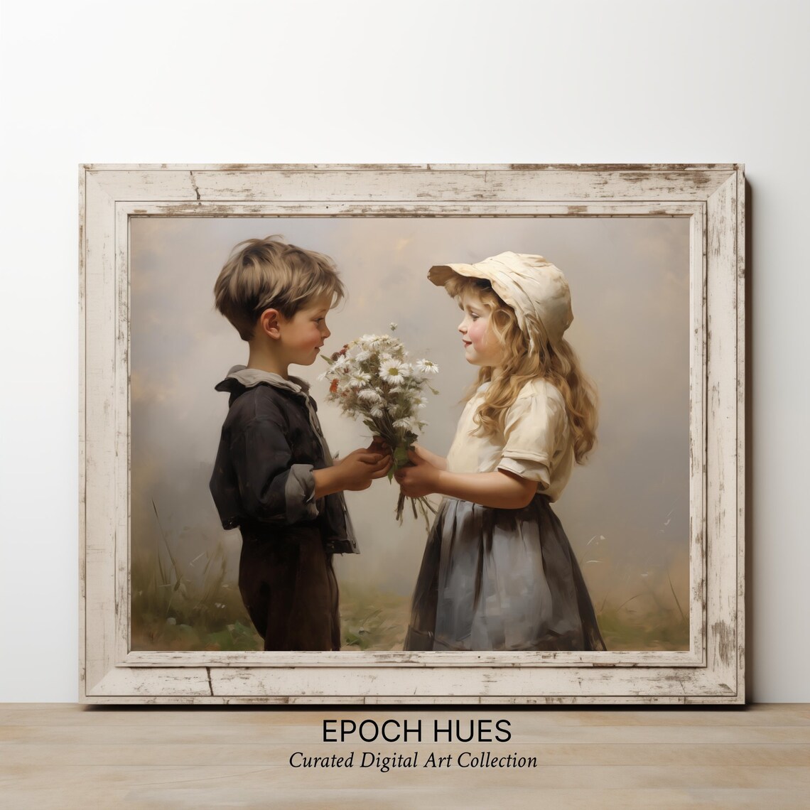Boy Offering Girl Daisy Bouquet Vintage Children Painting Wall Art