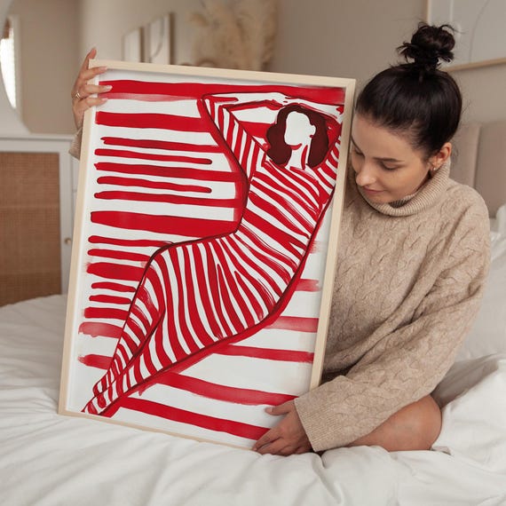 Abstract Woman In Red Modern Wall Art Print Minimalist Poster Red Striped Design Contemporary Decor Unique Art Illustration