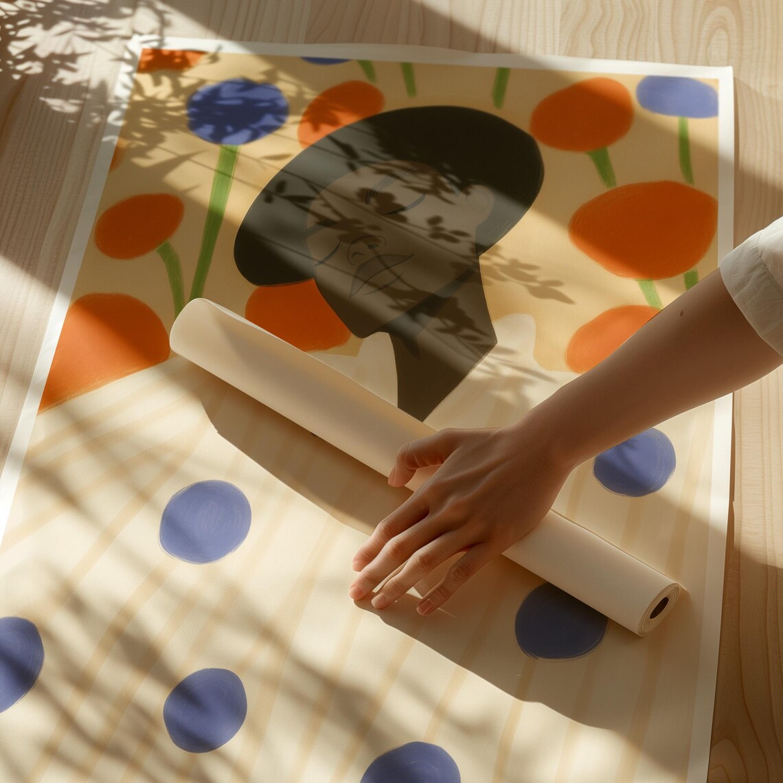 Figure In Blue Polka Dot Shirt Among Orange And Blue Blooms Poster - Image 2