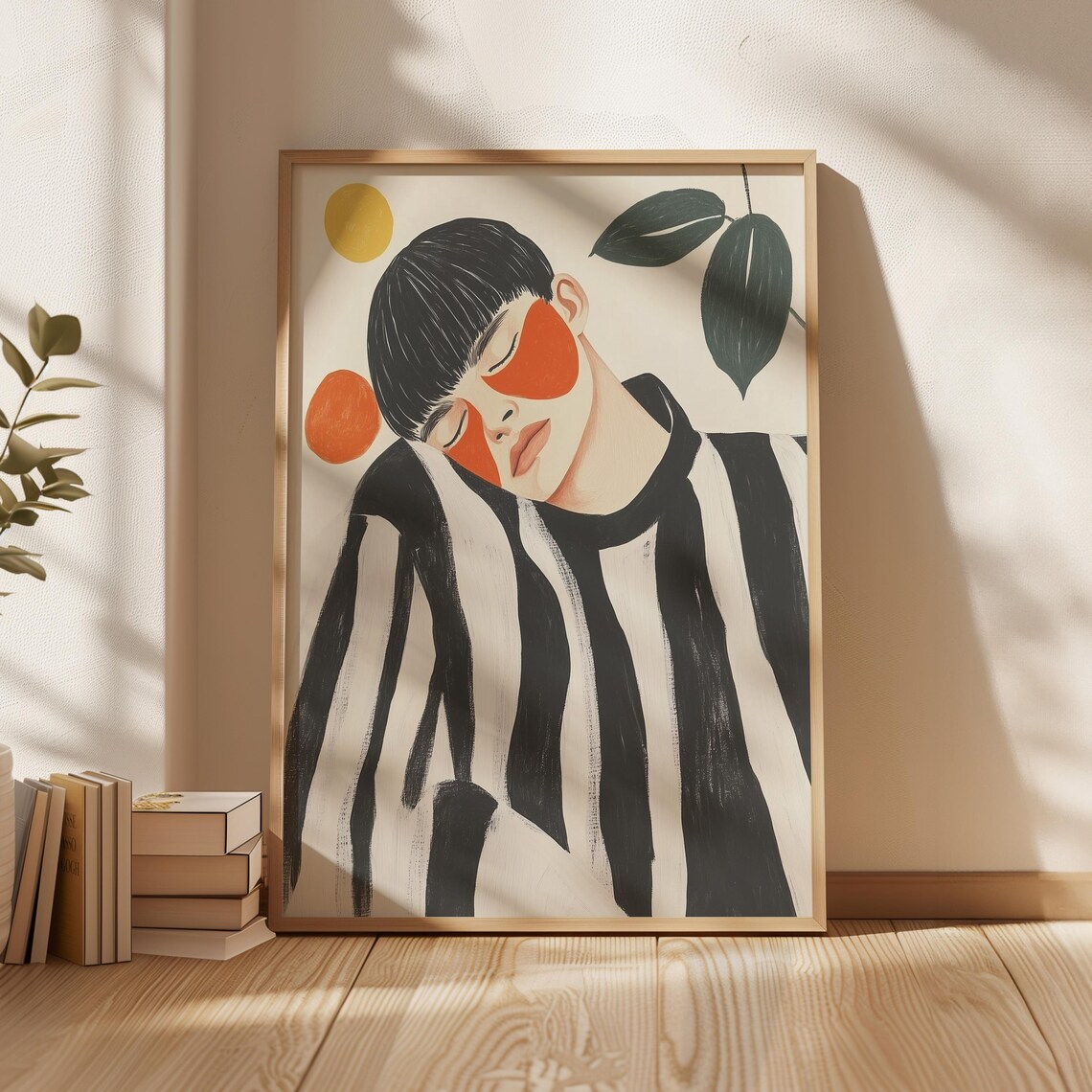 Bob Haircut Portrait With Red Cheek Shapes Bold Stripes Poster