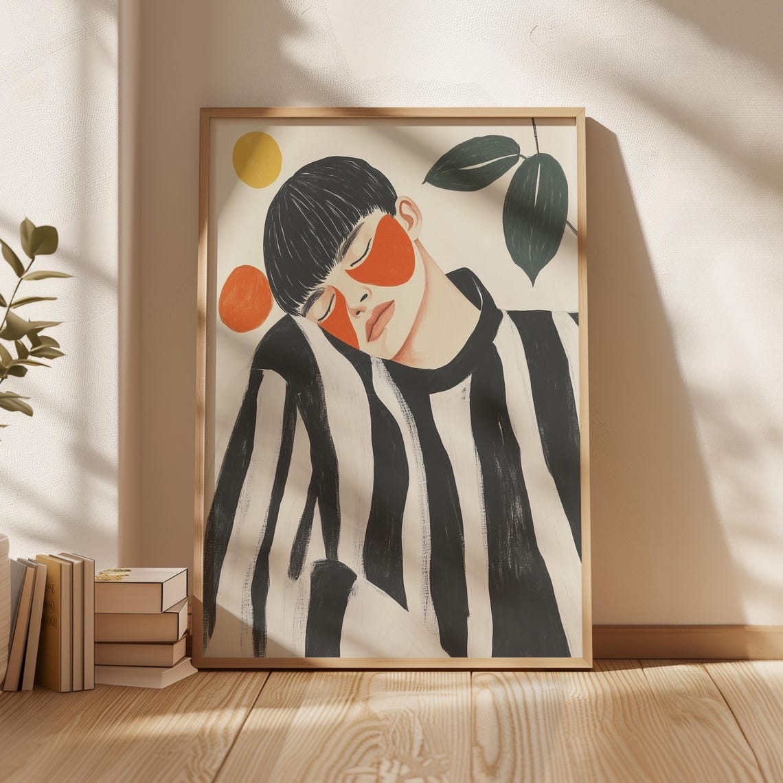 Modern Striped Figure Art Abstract Portrait Bold Red Accents Contemporary Wall Decor Stylish Minimal Illustration Artistic Home Print