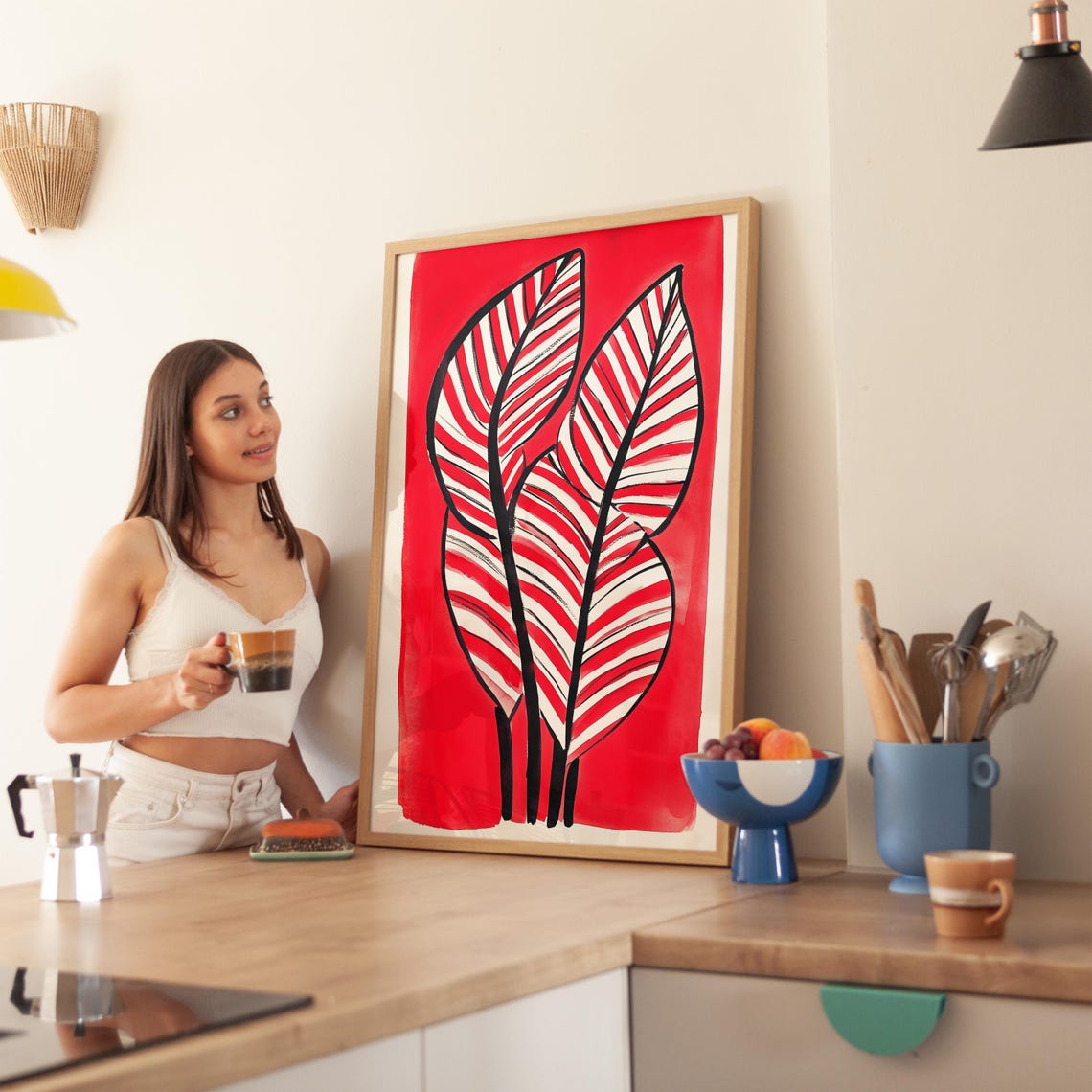 Striped Red Leaves Botanical Illustration Bold Foliage Poster - Image 4
