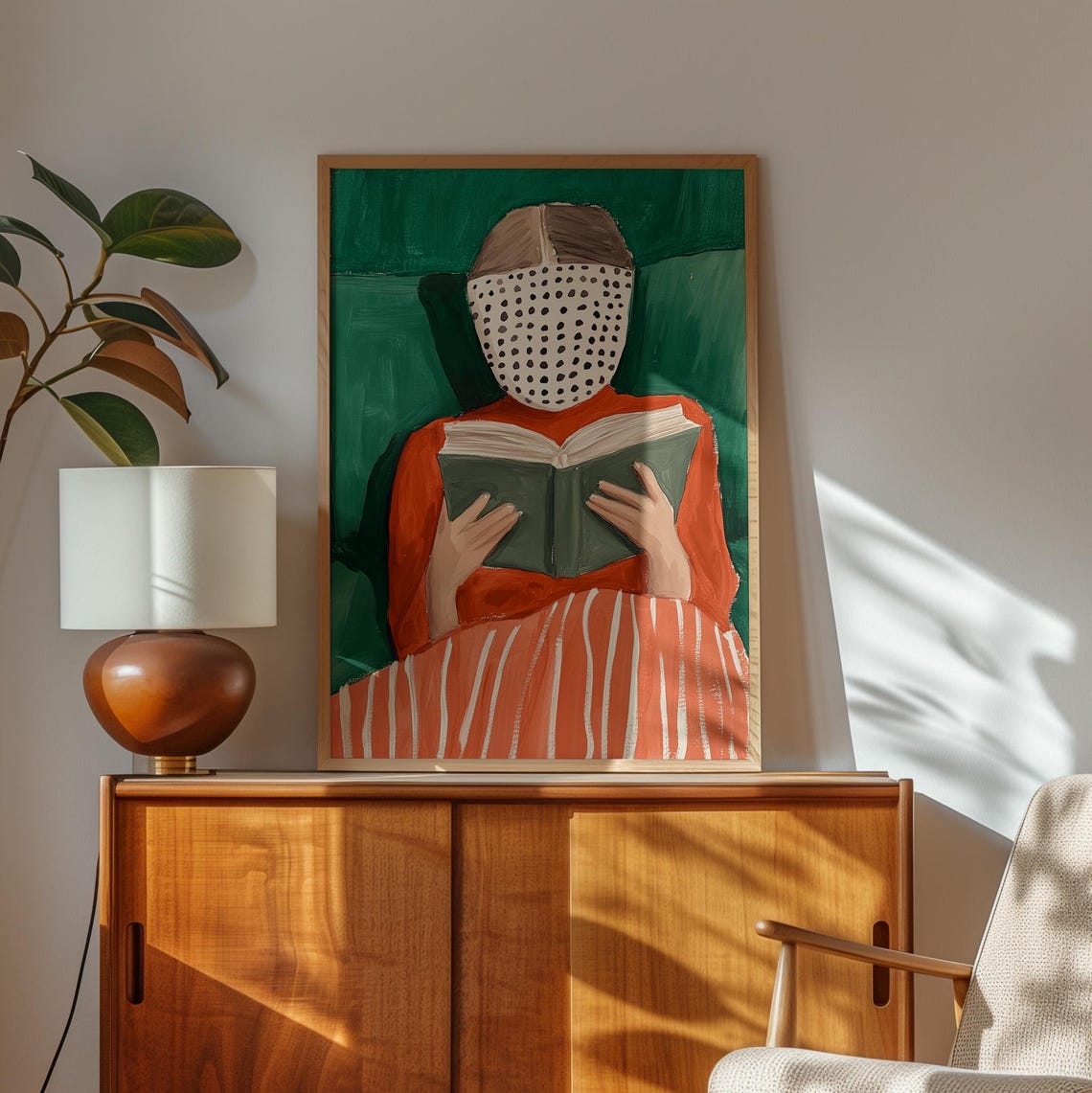 Dotted Face Woman Reading a Book in Red on a Green Ground Poster - Image 4