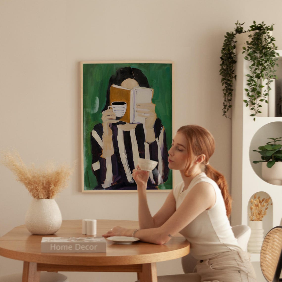Emerald Green Woman Reading With Coffee Cup Book Lover Poster - Image 4