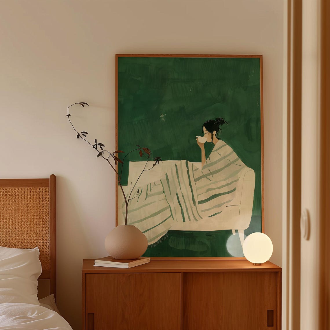 Minimalist Woman Wrapped In A Striped Blanket Drinking Coffee Print - Image 3