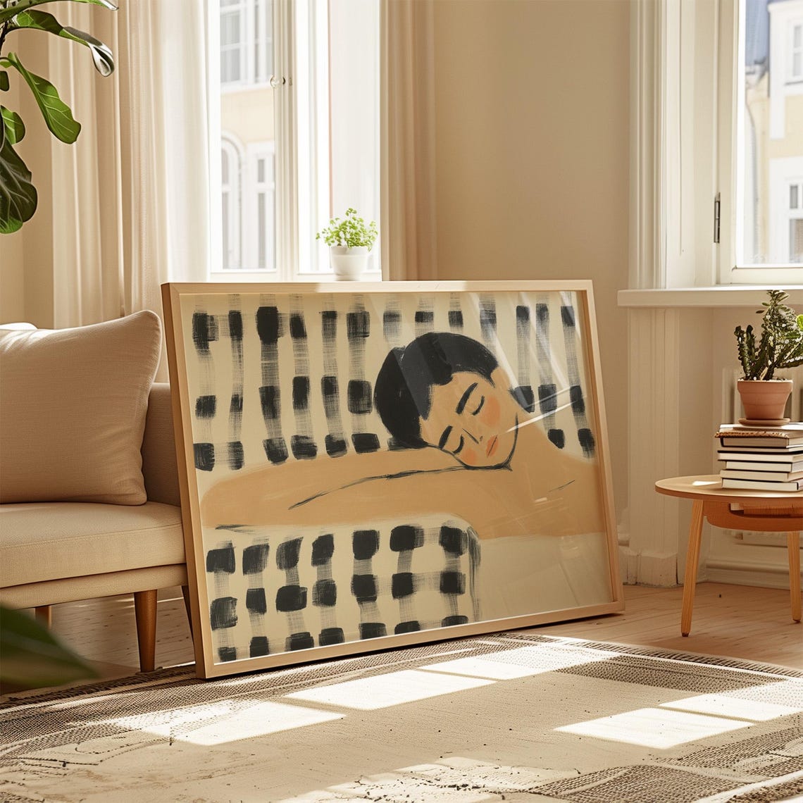Sleeping Woman Resting Against Black White Brushstroke Stripes Poster - Image 2