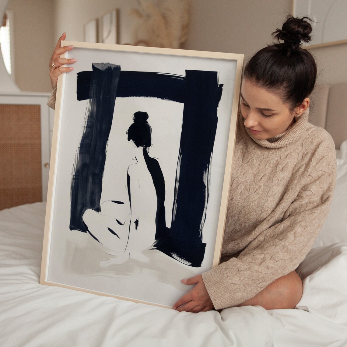 Woman Seated Archway Black White Ink Drawing Abstract Figure Poster