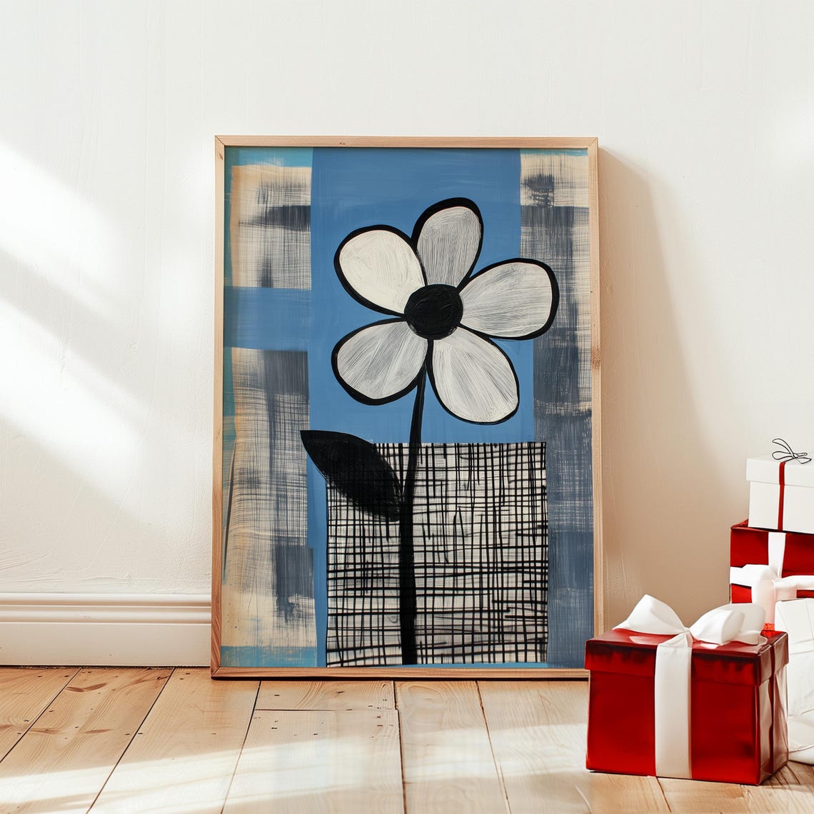 Large White Abstract Flower With Black Center On Blue Background Print