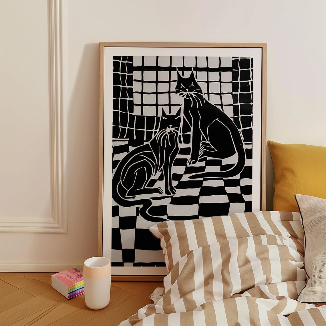 Black and White Linocut Two Cats on Checkerboard Floor Art Deco Poster - Image 2
