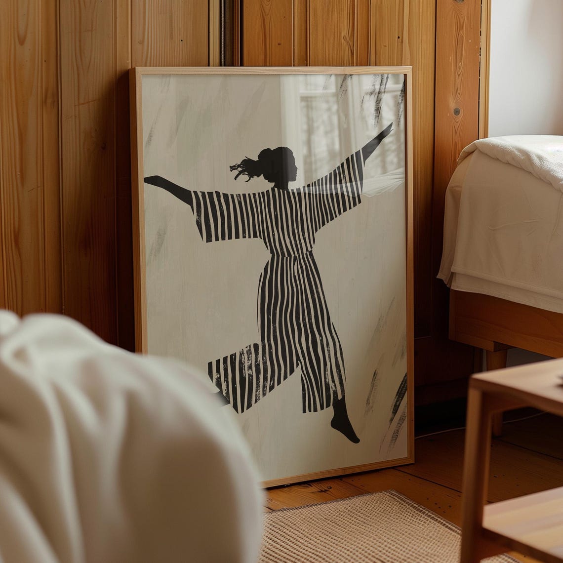 Abstract Woman Dancing in Striped Dress Black White Art Poster - Image 3