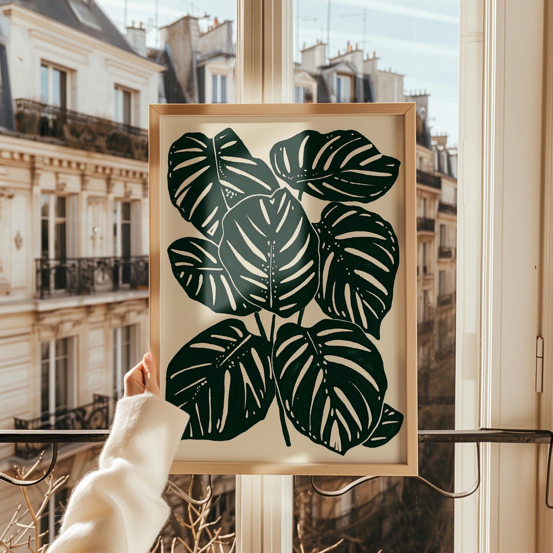 Monstera Leaves Botanical Black Cream Modern Leaf Minimal Poster