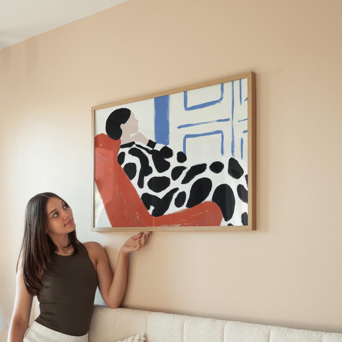 Abstract Woman In Red Chair Modern Minimalist Black And White Art Bold Blue Accents Contemporary Artwork Stylish Wall Decor - Image 5
