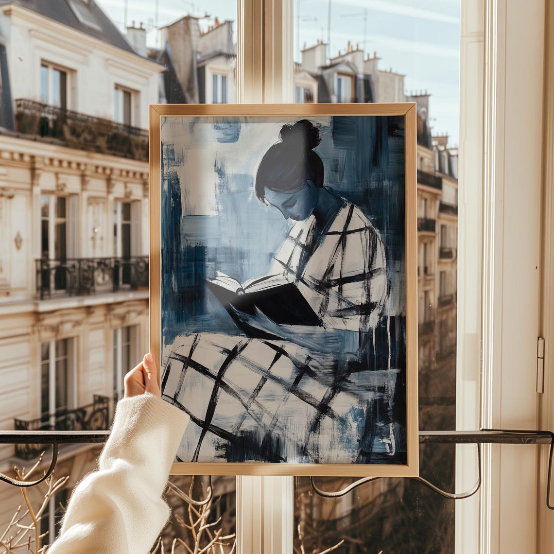 Abstract Figure Reading A Book In Blue Checkered Painting Wall Art - Image 2