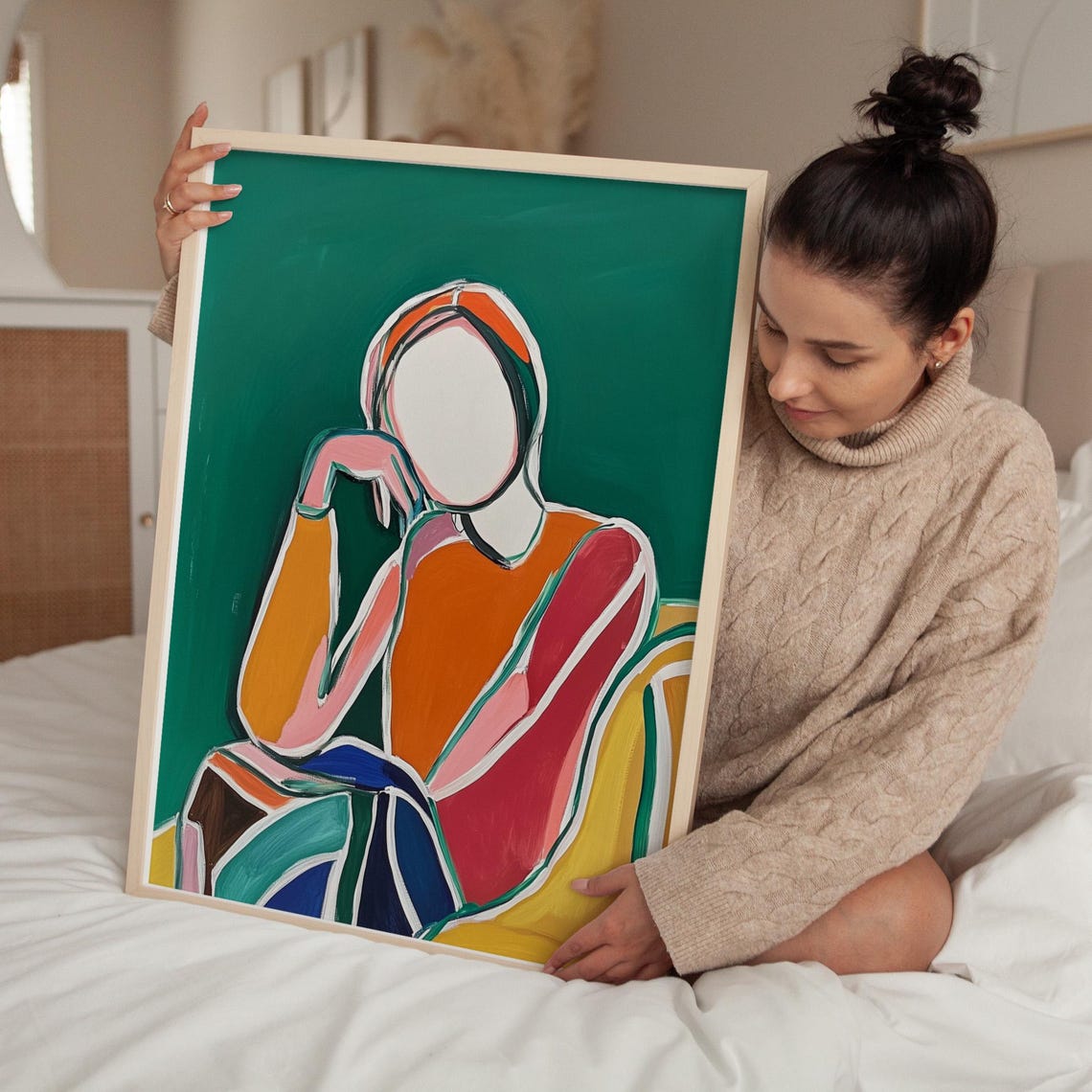 Colorful Abstract Contemplative Figure Against Emerald Green Poster - Image 5