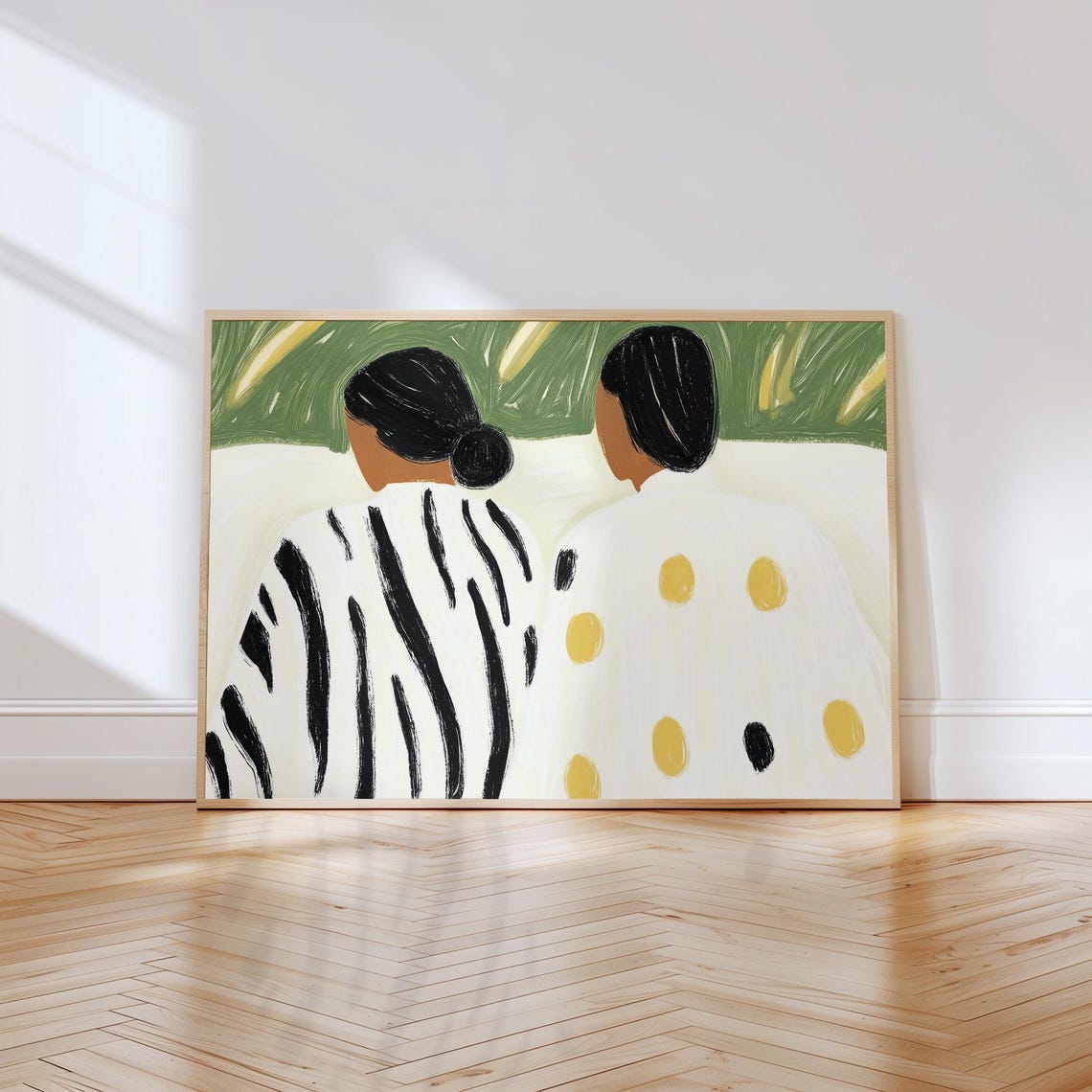 Two Women Back View Zebra Stripes and Polka Dots Green Abstract Poster