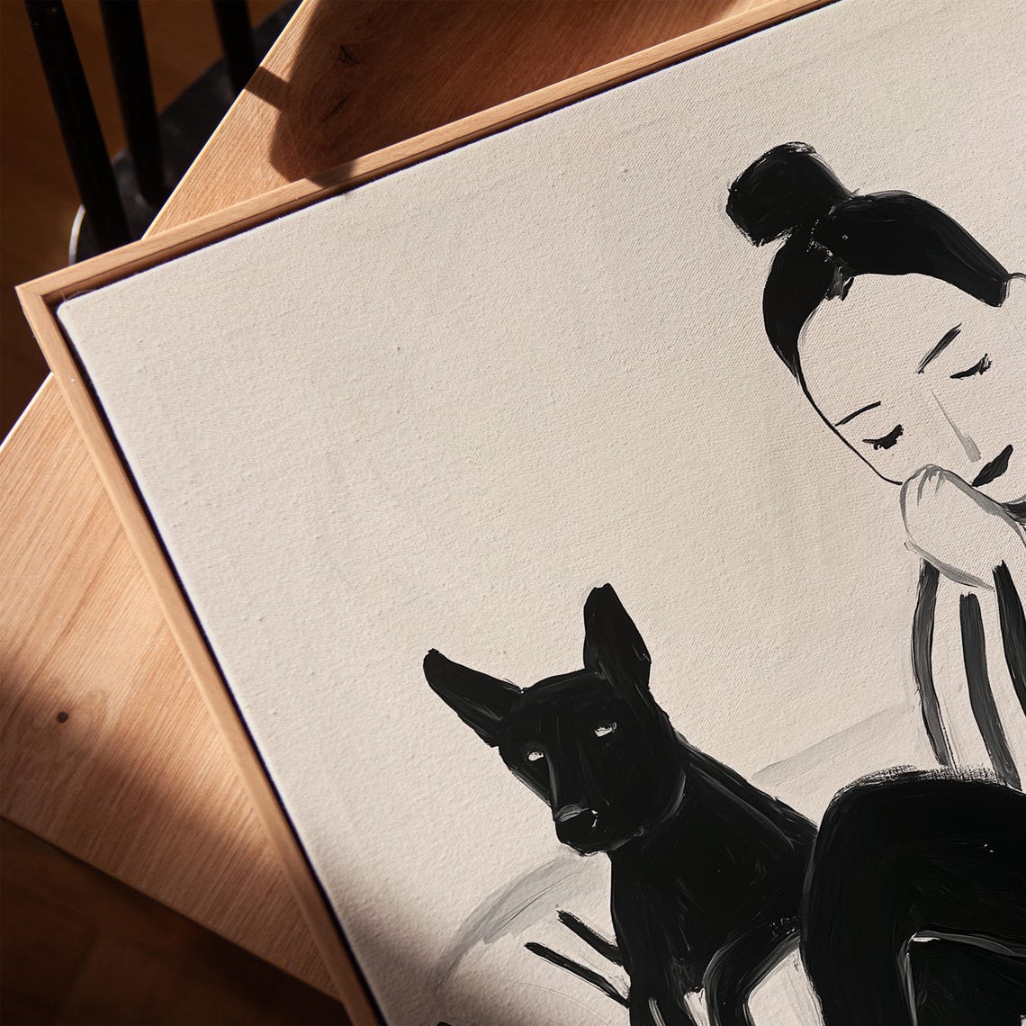 Woman With Dog Monochrome Ink Relaxing Moment Black White Poster - Image 3