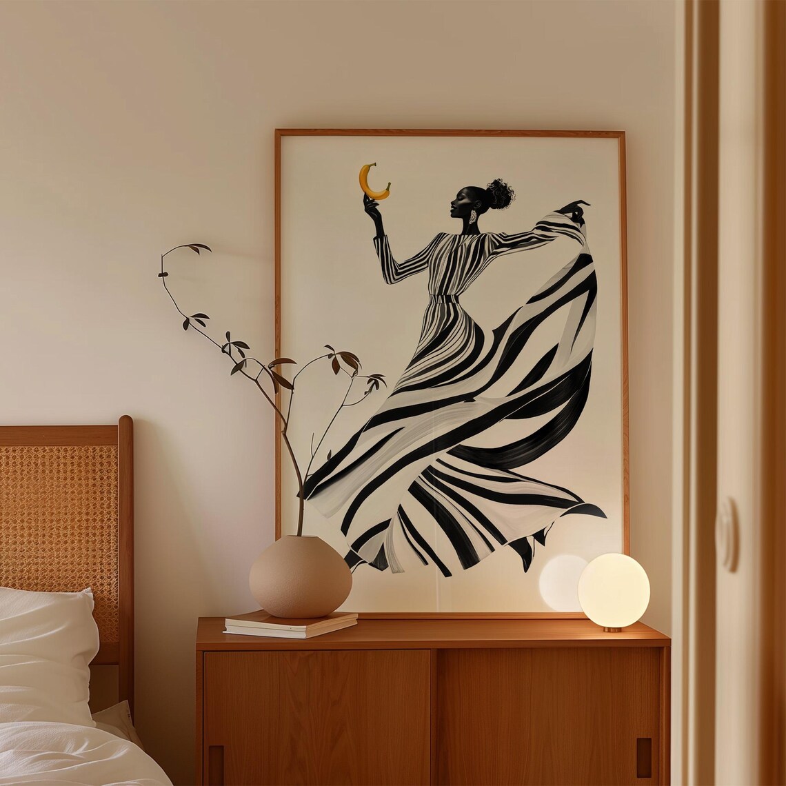 Dancing Woman In Striped Dress Holding Gold Crescent Moon Wall Art - Image 3