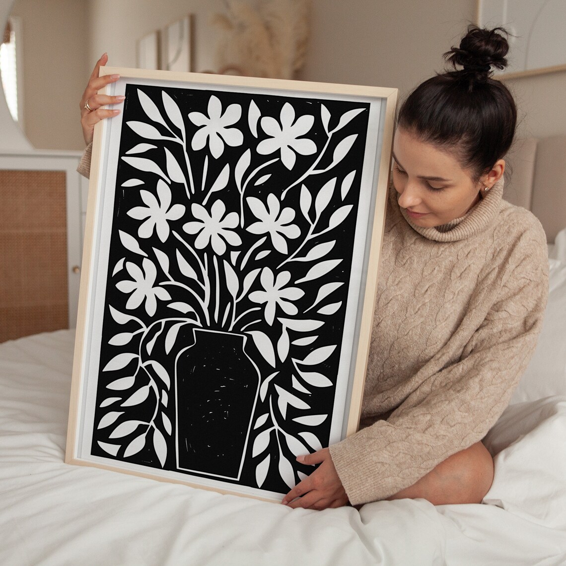 Flower Vase Black White Abstract Botanical Art Print