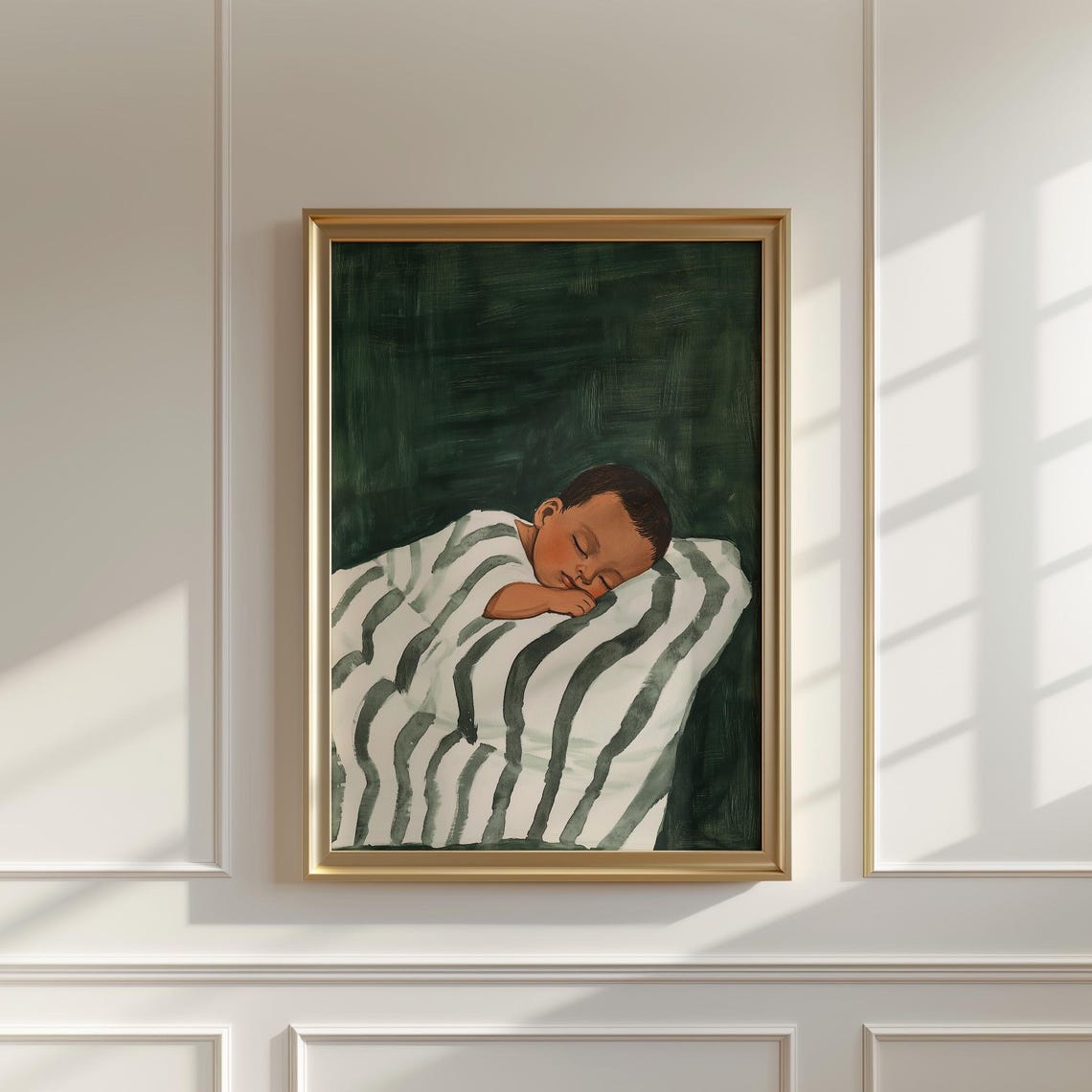 Newborn Baby Sleeping On Striped Blanket Dark Green Nursery Wall Art