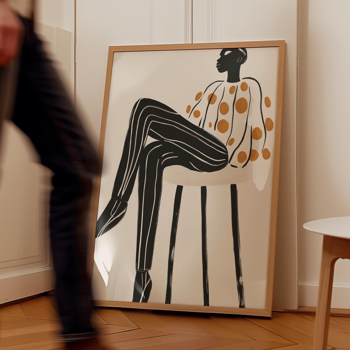 Minimalist Seated Figure, Striped Pants & Polka Dots Art Print - Image 5