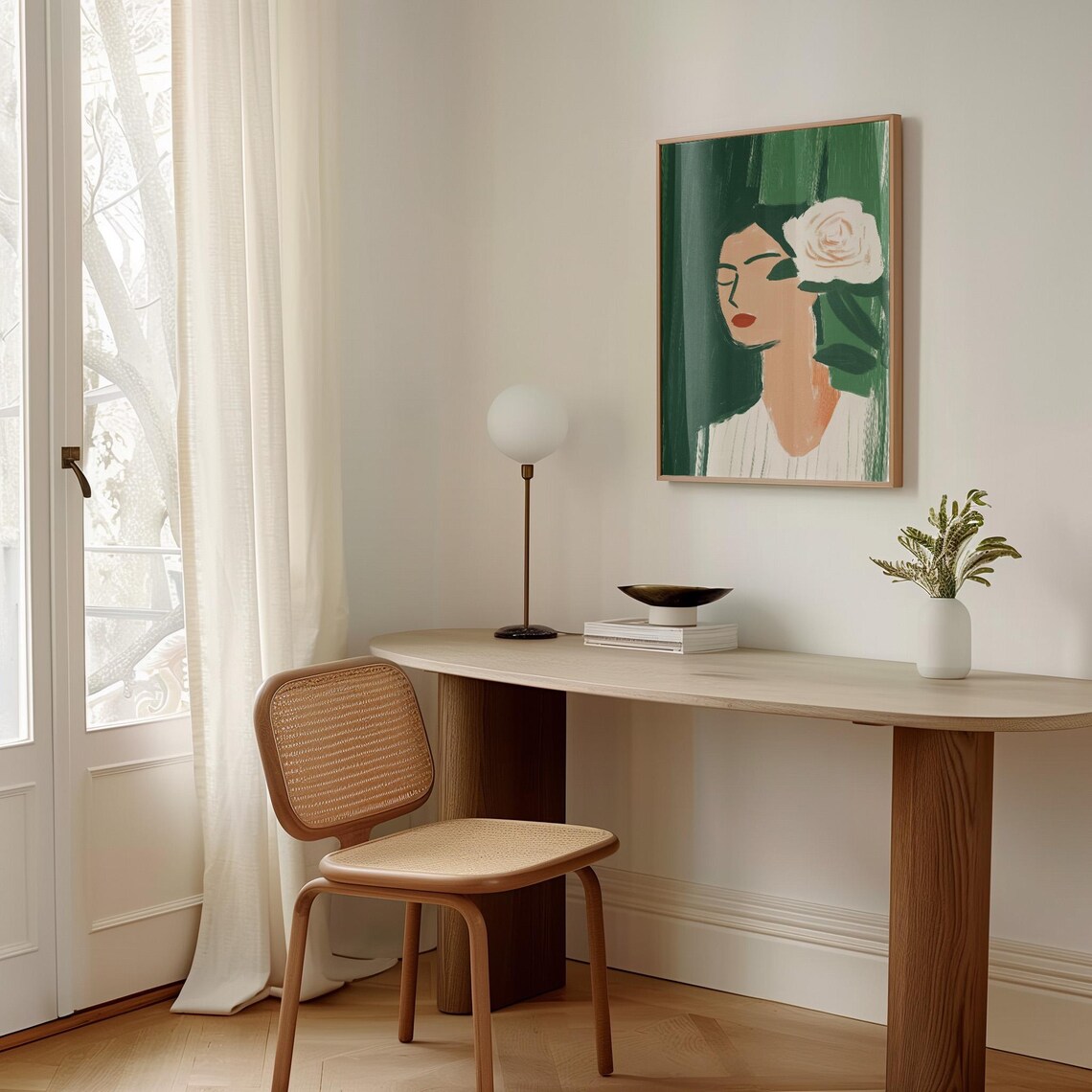 Woman With White Rose In Hair Emerald Green Minimalist Portrait Poster - Image 2