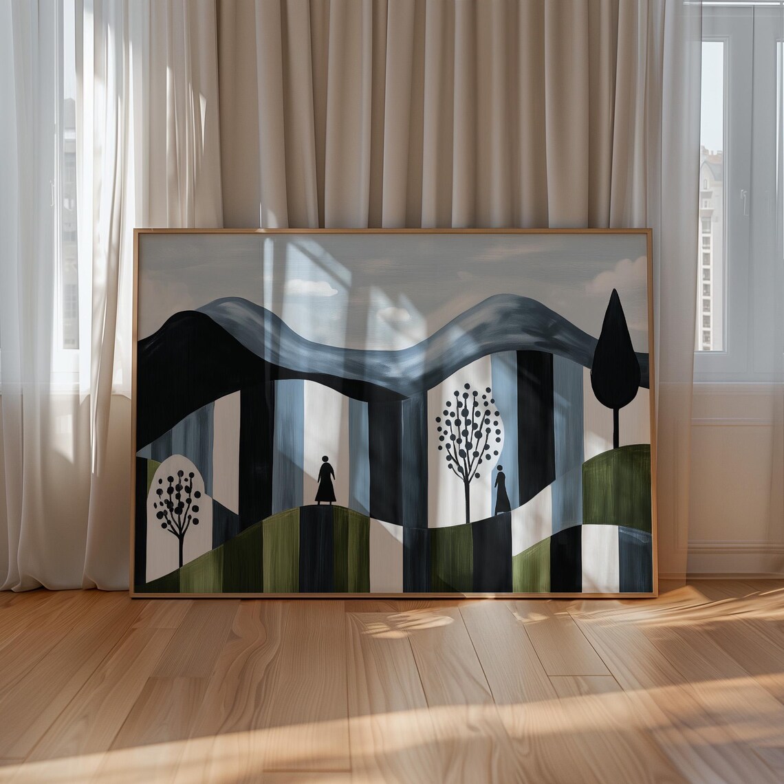 Abstract Landscape With Figures And Trees, Minimalist Mountain Scene - Image 2
