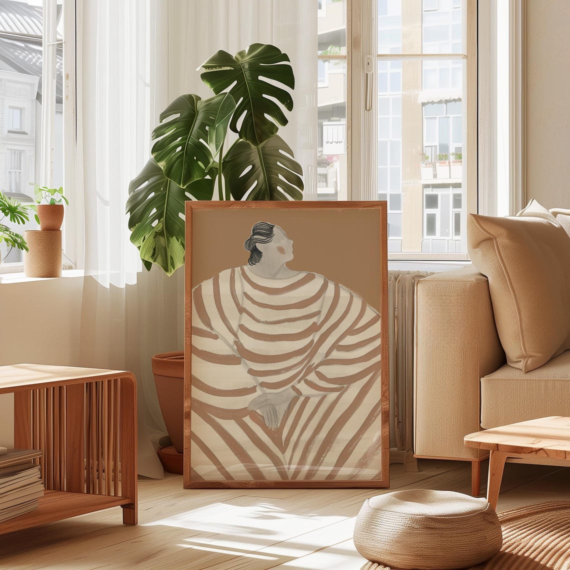 Striped Dress Figure Back View Beige Abstract Modern Portrait Poster - Image 2