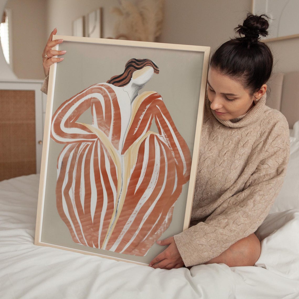 Abstract Boho Woman Flowing Terracotta Striped Dress Figure Poster