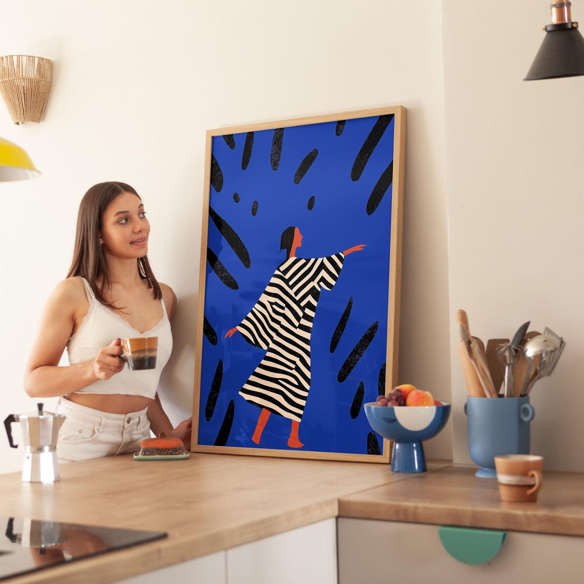 Woman in Striped Robe Bold Blue Abstract Modern Figure Poster - Image 4