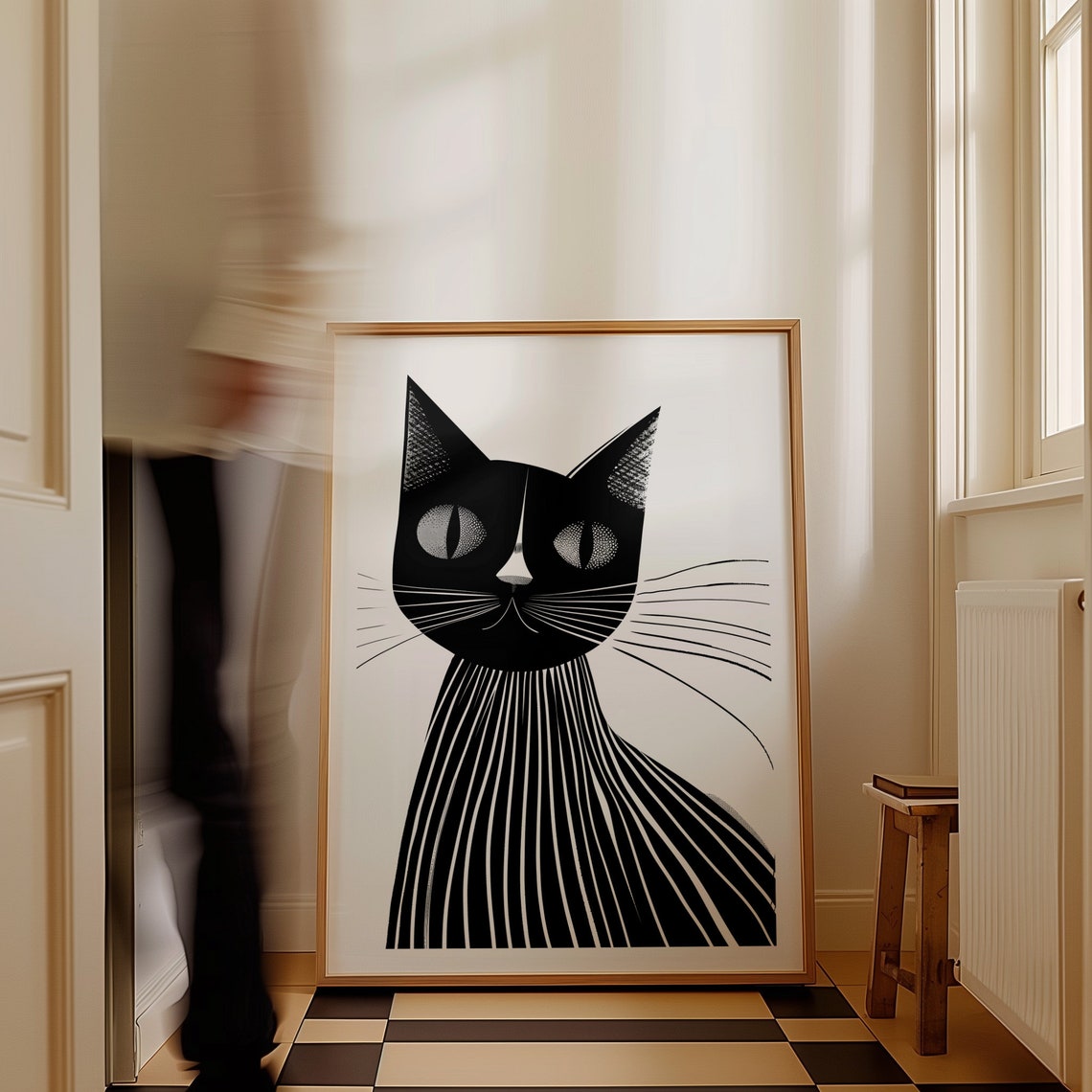 Mid Century Modern Black Cat with Striped Whiskers Illustration Poster - Image 4