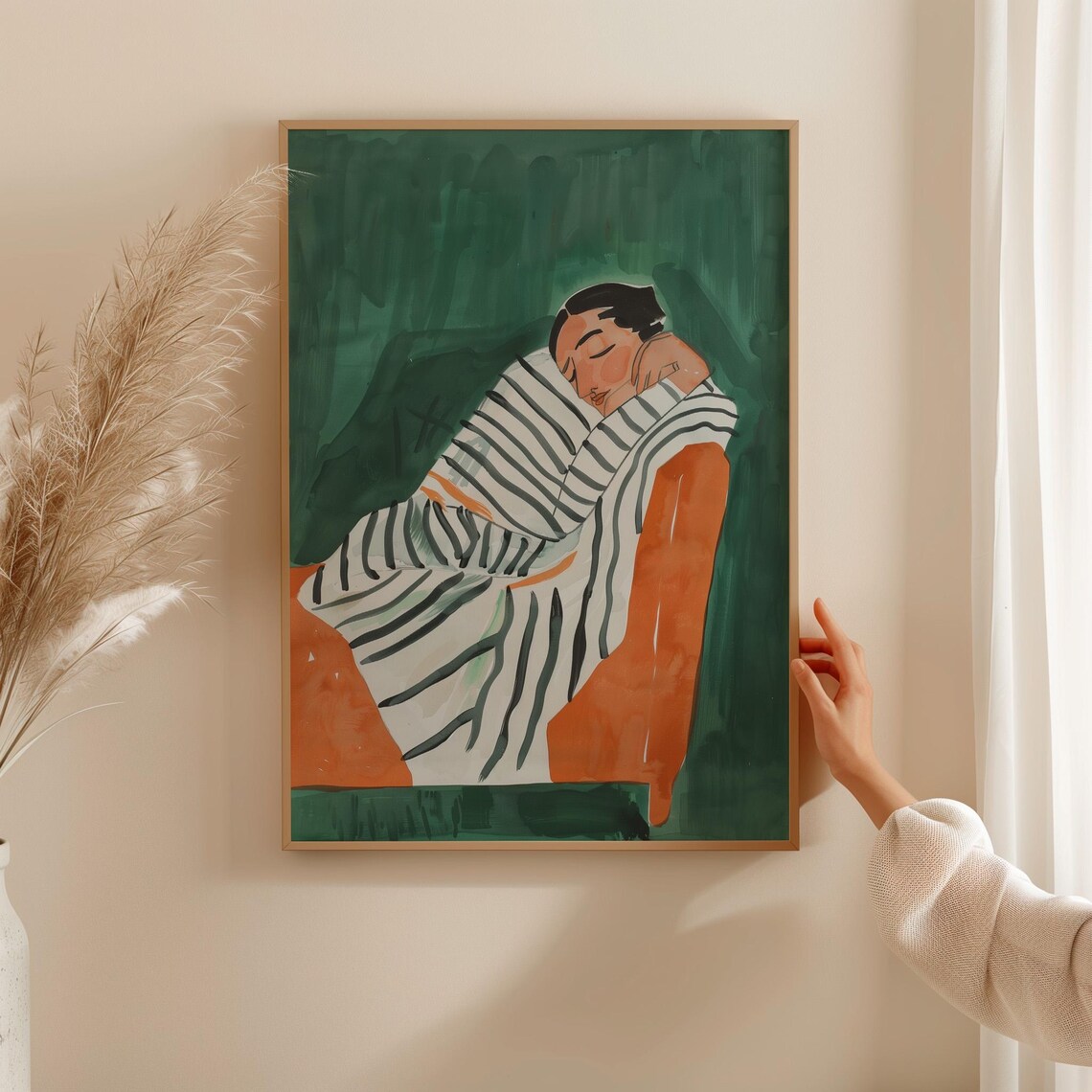Woman Napping In A Striped Sweater On An Orange Chair In Green Print