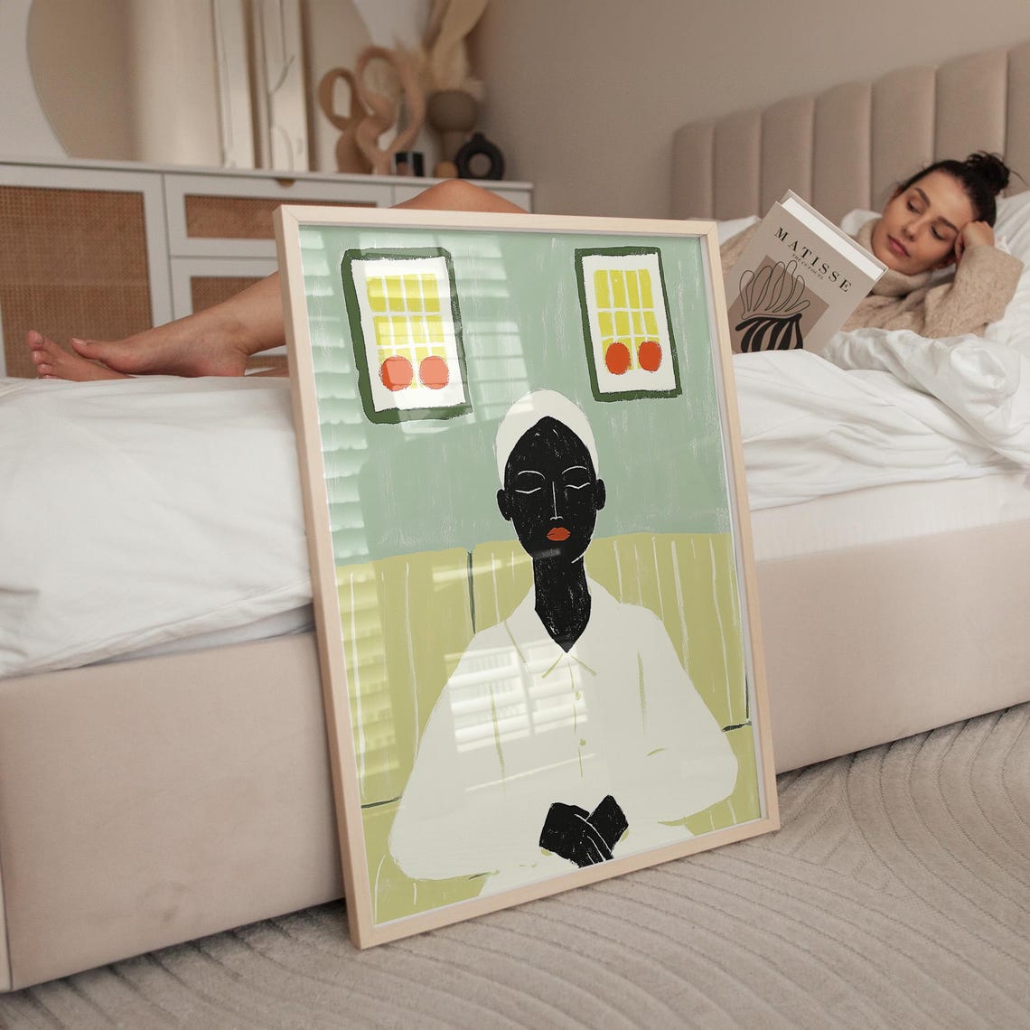 Woman In White Robe In Green Interior With Yellow Windows Art Poster - Image 5