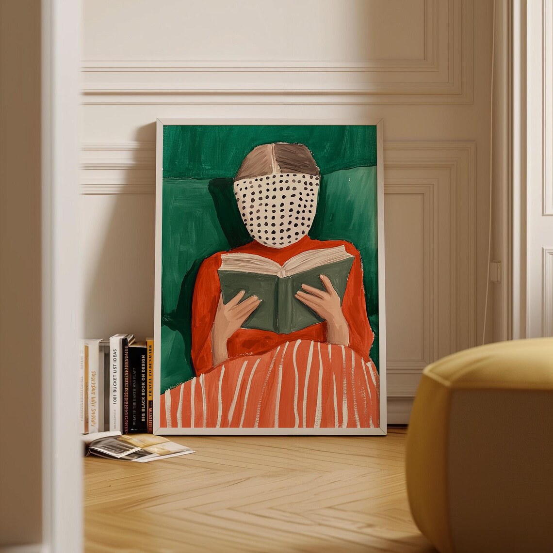 Dotted Face Woman Reading a Book in Red on a Green Ground Poster