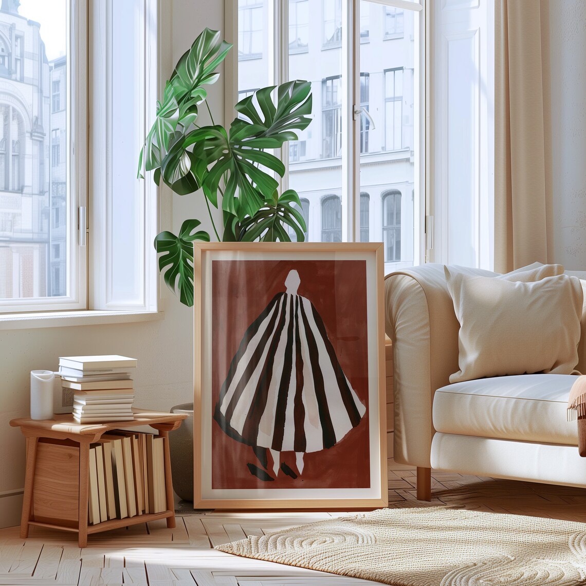 Abstract Woman Striped Dress Deep Red Background Modern Art Poster - Image 2