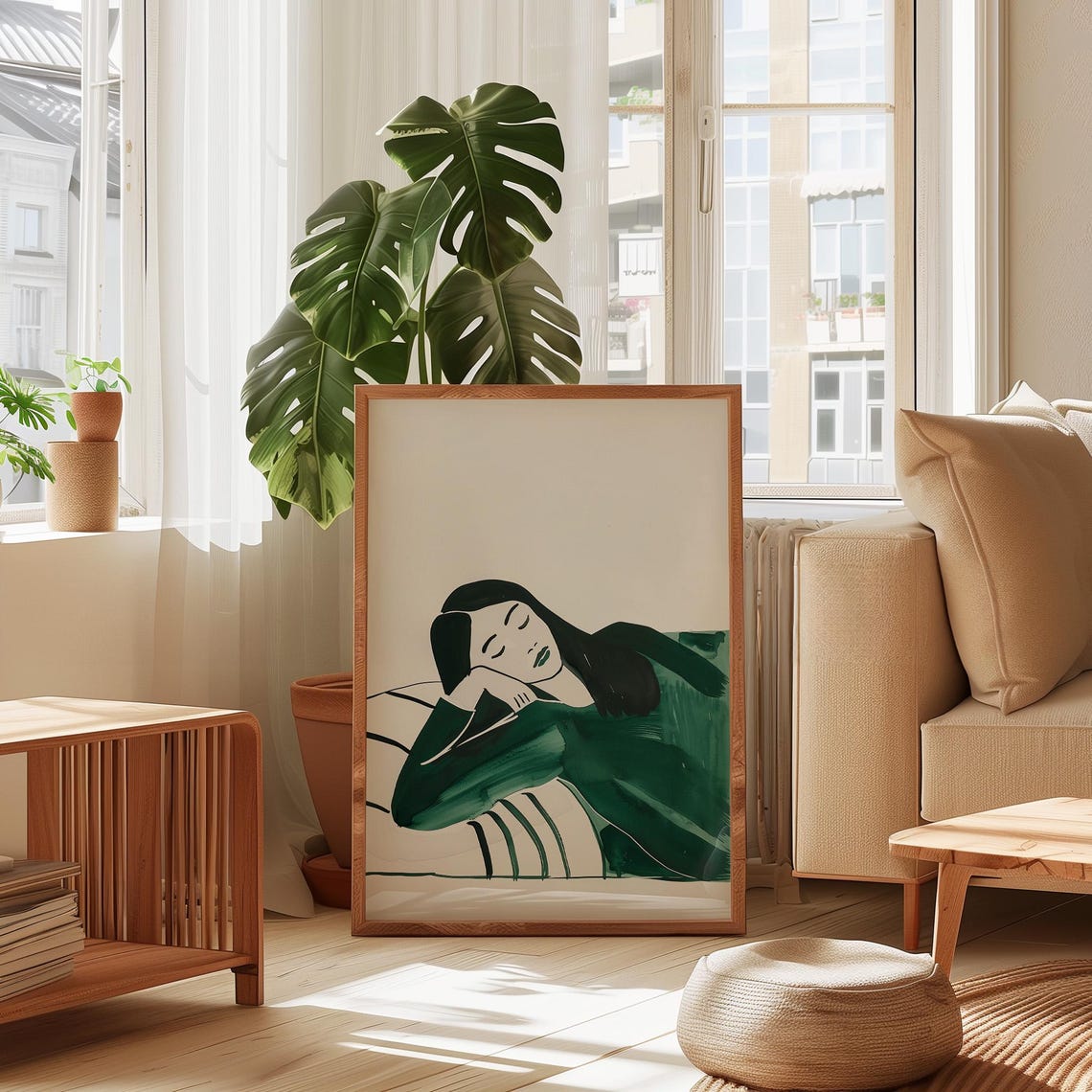 Woman Resting Head on Hand Dark Green Brushstroke Minimal Poster - Image 3