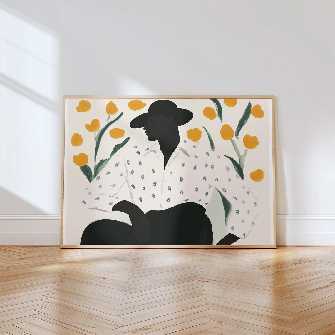 Abstract Portrait Art Print Figure With Black Hat Floral Backdrop Modern Minimalist Decor Stylish Wall Art Bold Home Print